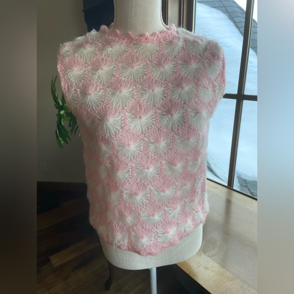 Vintage Pink and White Hand Crochet Sweater Vest Delicate Semi Sheer